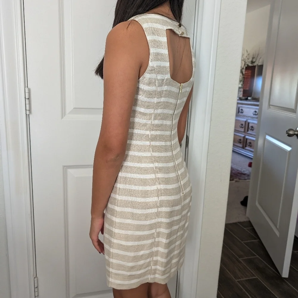 Banana Republic Neutral Stripe Linen Blend Sleeveless Summer Sheath Dress - Picture 6 of 10